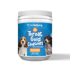 Pet Wellbeing Throat Gold Chewies bottle showing convenient throat support.