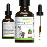 Pet Wellbeing Urinary Gold bottle pour shows multi-herb urinary health support