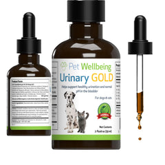Pet Wellbeing Urinary Gold bottle pour shows multi-herb urinary health support