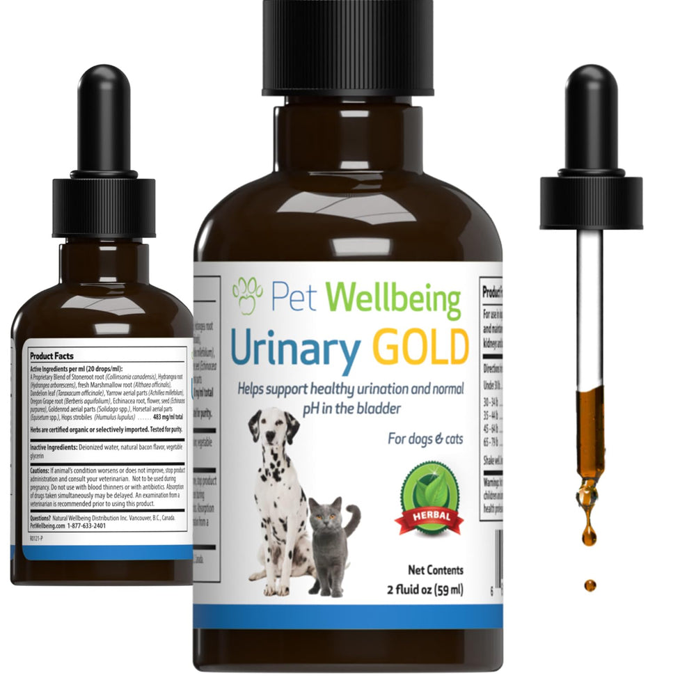 Pet Wellbeing Urinary Gold bottle with dropper for cats, supporting bladder comfort and urinary tract health.