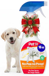 PET YOUR PET No Pee No Poop spray bottle shows easy application for potty training.