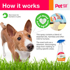 PET YOUR PET No Pee No Poop spray used indoors and outdoors for training.