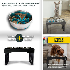 Pet Zone Designer Diner shows four rust-resistant stainless steel bowls included.
