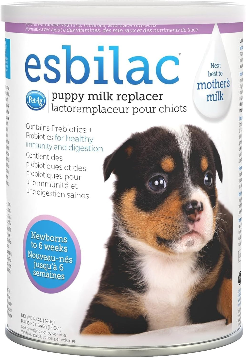 PetAg Esbilac 12oz puppy milk powder can for newborn nutrition.
