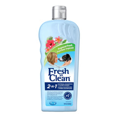 PetAg Fresh ’n Clean 2-N-1 shampoo bottle with tropical scent for easy coat conditioning.