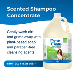 PetAg Fresh ’n Clean tropical-fresh-label highlights long-lasting scent on fur.