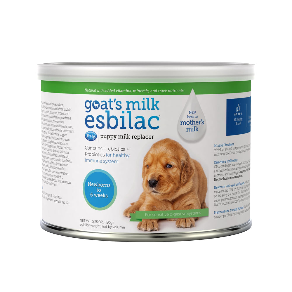 PetAg Goat’s Milk Esbilac powder canister with scoop supports complete puppy nutrition.