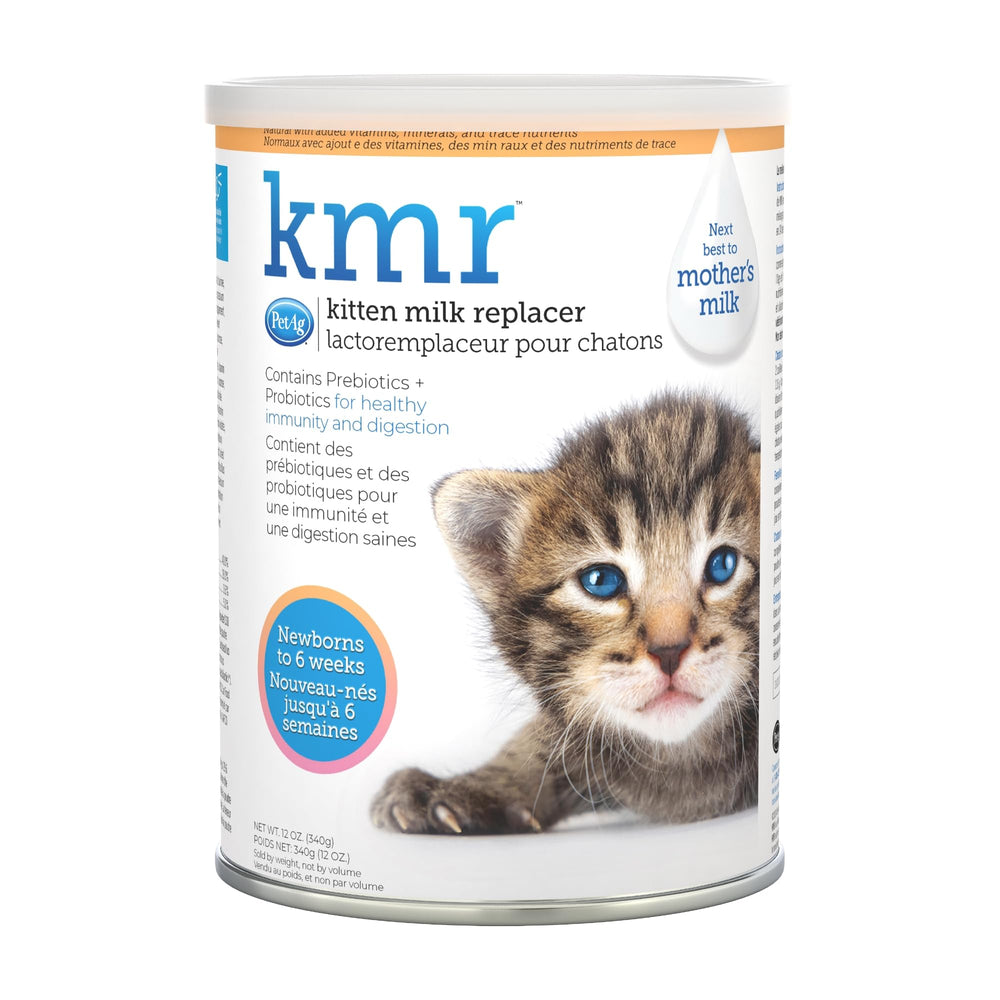 PetAg KMR kitten milk replacer tub showcases prebiotics and probiotics for digestive vigor