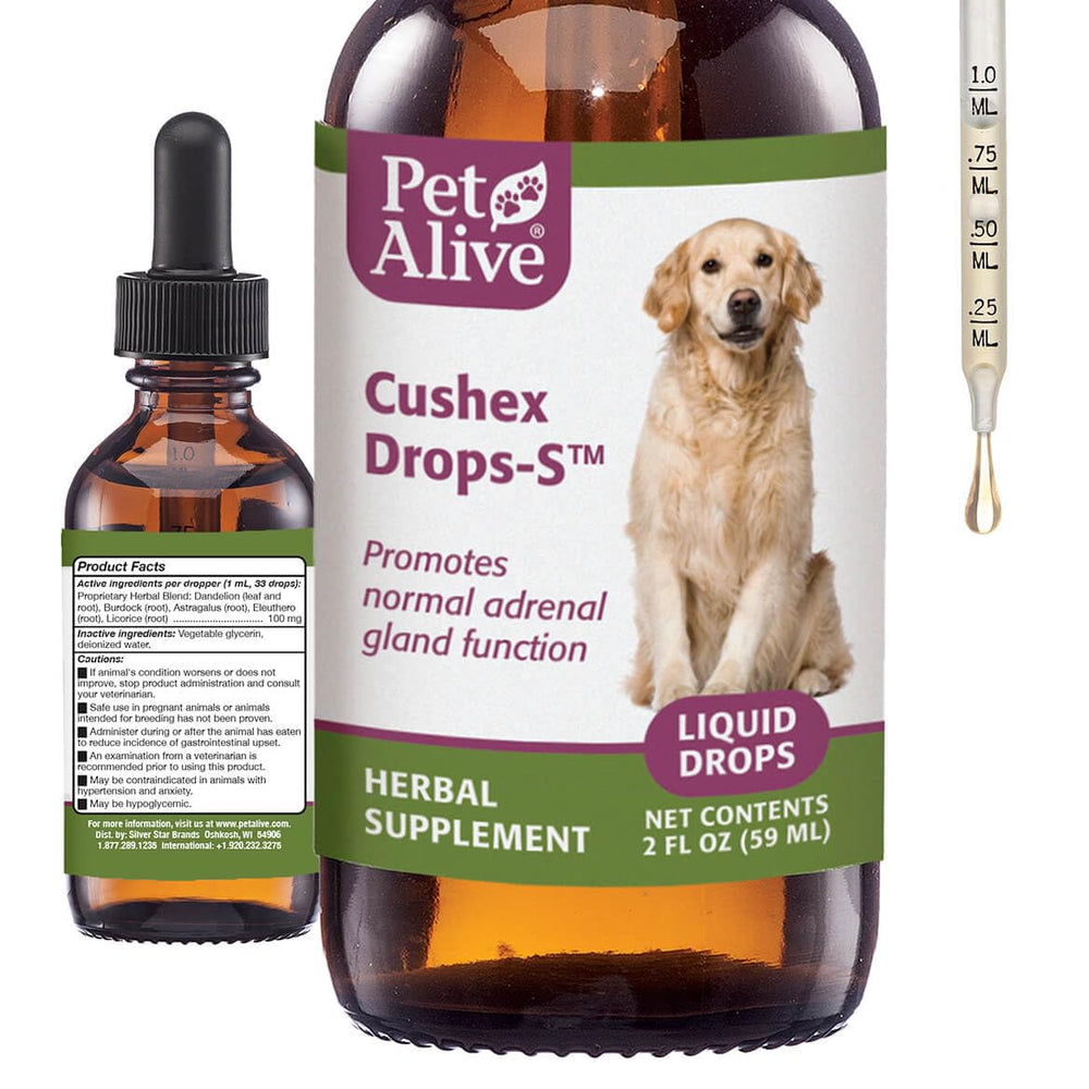 PetAlive Cushex Drops-S bottle shows adrenal balance support for pets.