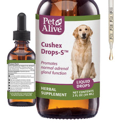 PetAlive Cushex Drops-S bottle shows adrenal balance support for pets.