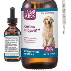 PetAlive Cushex Drops-M bottle-front image suggests natural support for adrenal balance in dogs and cats.