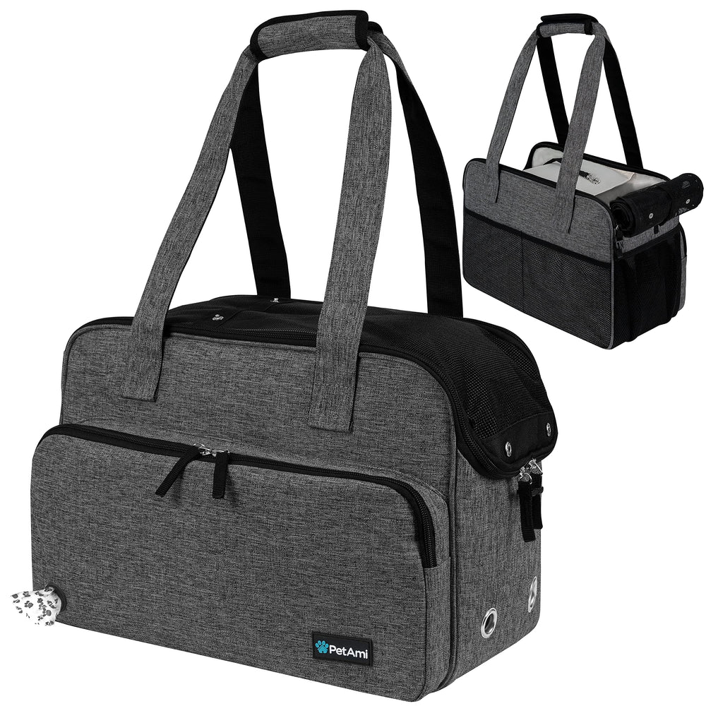 PetAmi small dog purse carrier front view with breathable mesh and cozy sherpa bed.