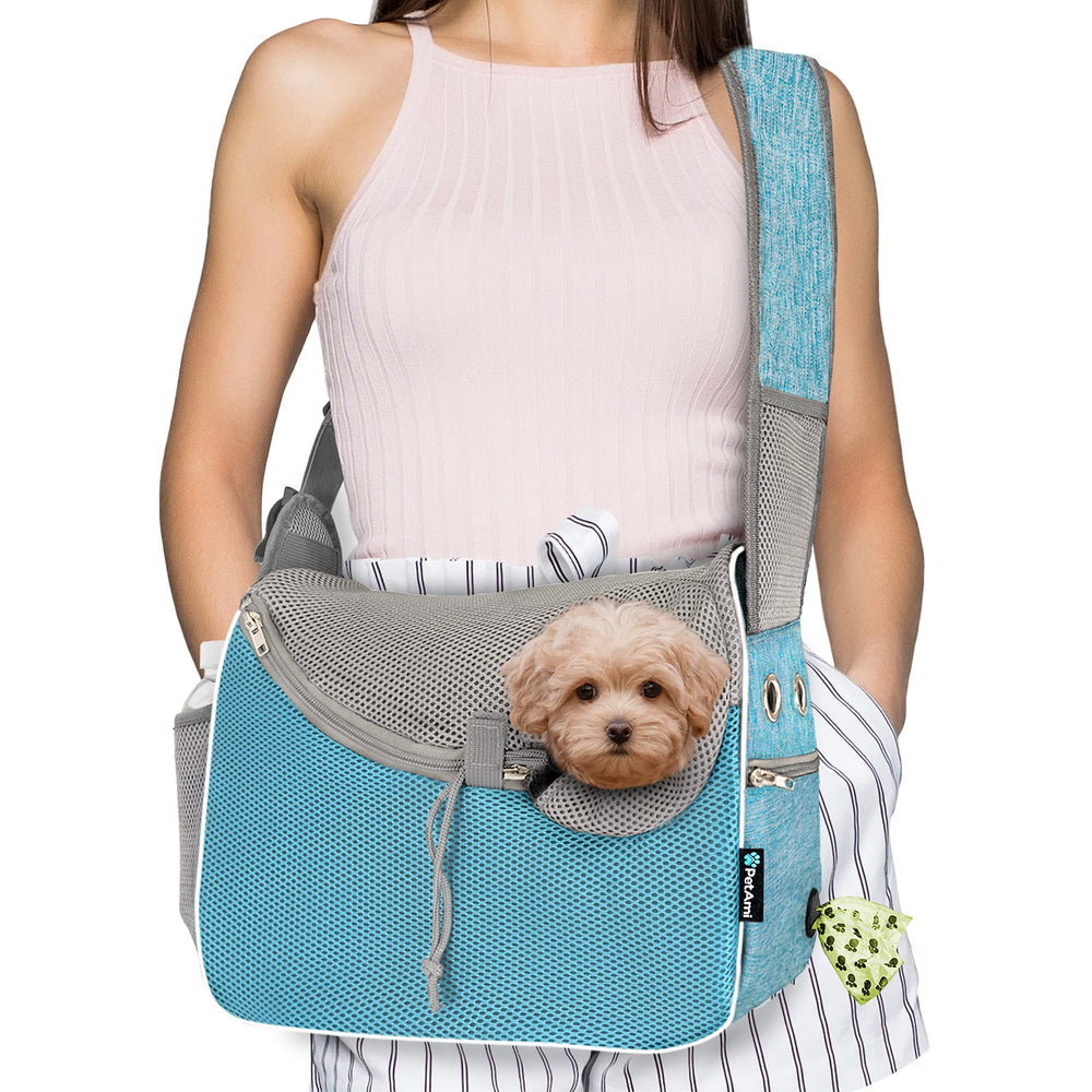 PetAmi small dog sling carrier blue top view enables hands-free travel with comfortable crossbody design.