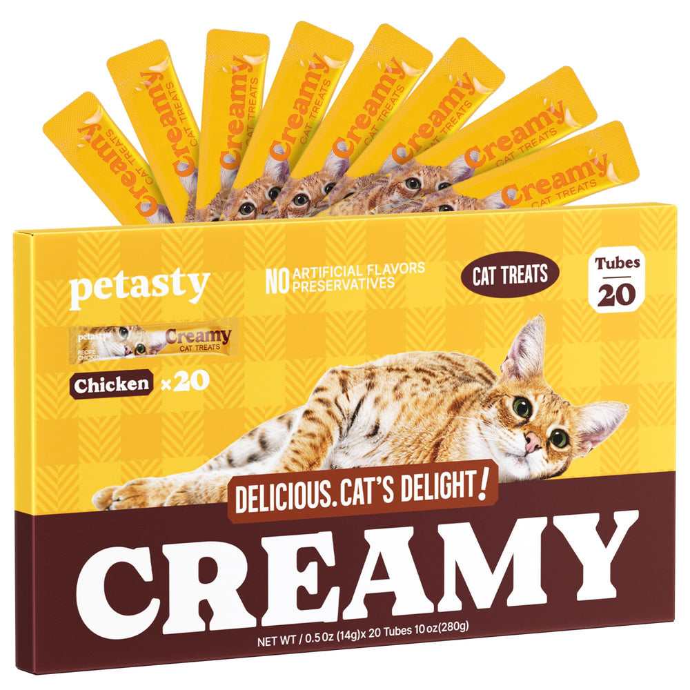 PETASTY Squeezable chicken treat tube closeup showcasing creamy puree for rewards
