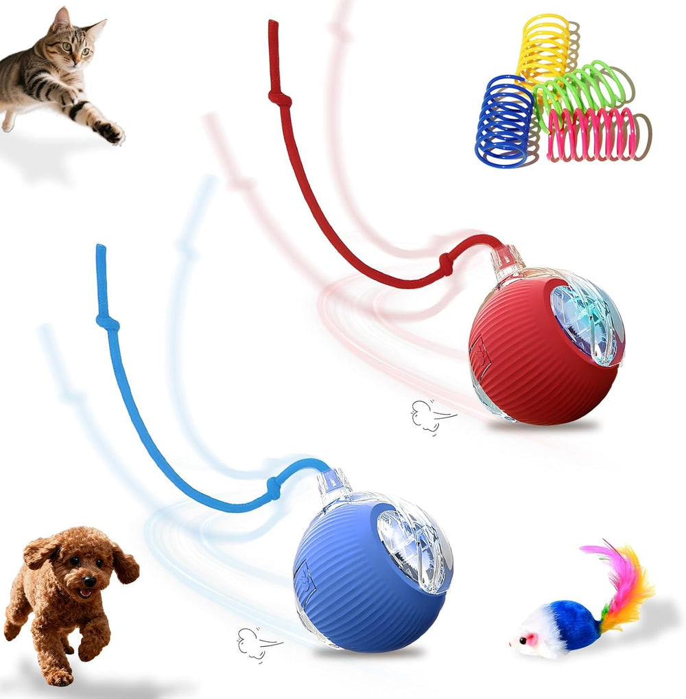 Petayouj ball toy with 360° rotation in red and blue for indoor cats' interactive play