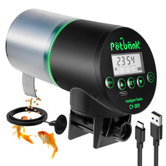 Petbank automatic fish feeder USB charger demonstrates reliable, battery-free feeding.