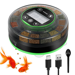 Petbank automatic fish feeder full setup shows 16-grid precision portions for consistent feeding