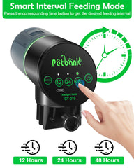 Petbank fish feeder interval settings image demonstrates 12/24/48h options for flexible schedules.