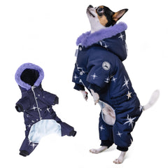PetBaronet waterproof full-body jacket closeup shows durable fabric keeps dog dry in snow