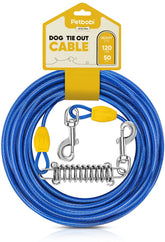 Petbobi dog tie-out cable 50ft with shock-absorbing spring for safer outdoor roaming.