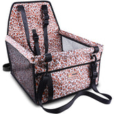 Petbobi small dog car seat overview showing leopard print and compact fit for travel