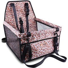 Petbobi small dog car seat overview showing leopard print and compact fit for travel