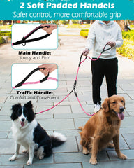 PetBonus rope double dog leash pink reflective-stitching glows for safer night walks.