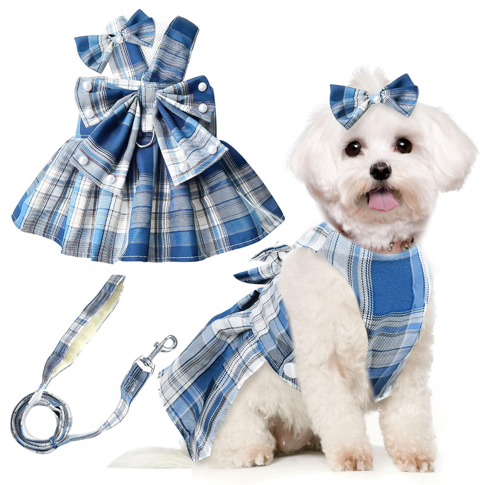 Petcare cute dog dress blue plaid bow-tie back view for stylish small dogs on walks.