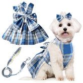 Petcare cute dog dress blue plaid bow-tie back view for stylish small dogs on walks.