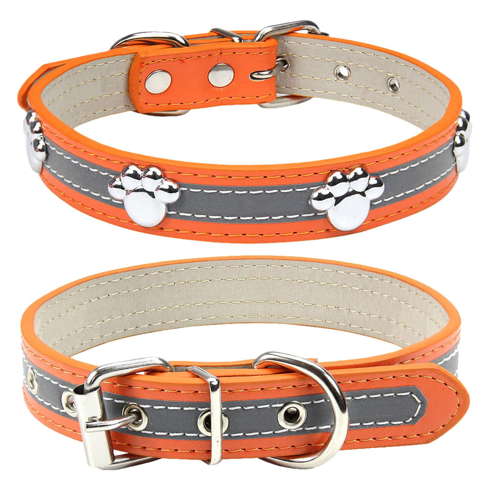 Petcare reflective dog collar orange front view highlights paw rivet studs for visibility