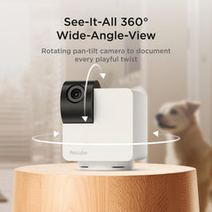 Petcube Cam 360 pan-tilt-coverage image demonstrates seamless room scanning from the app.