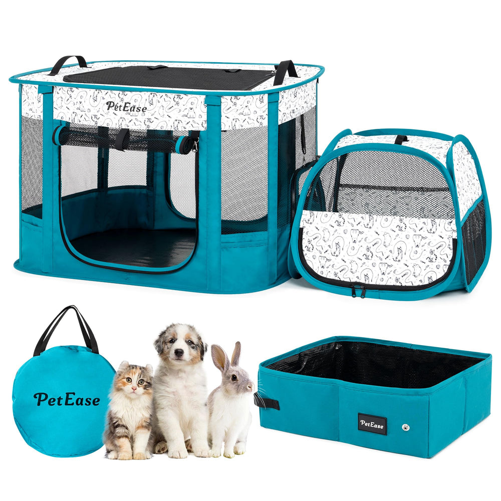 PetEase peacock-blue portable 2-in-1 dog crate playpen assembled for versatile containment.