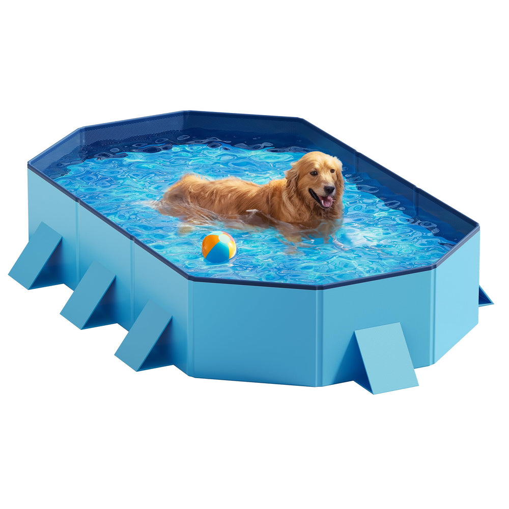 Peteast foldable dog pool blue side view highlighting stable octagonal design for outdoor play