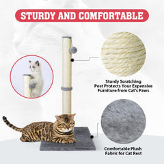 Petellow cat scratching post features a hanging ball for interactive play.