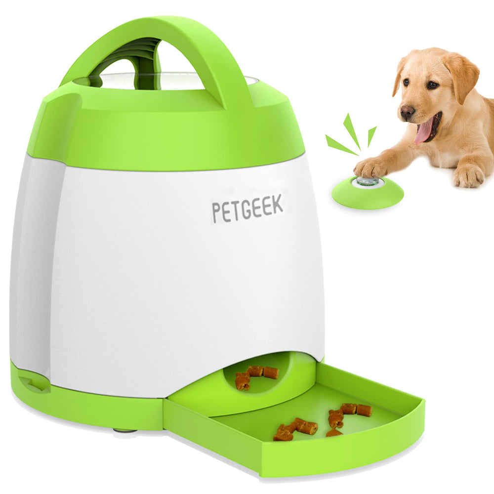 PETGEEK automatic dog treat dispenser button green front view showing compact design for training