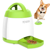 PETGEEK dog treat dispenser button green front view for interactive feeding and curiosity.