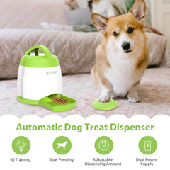 PETGEEK dog treats-dispensing button remote demonstrates reward-based training and remote interaction.