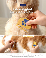 PETHROOM Easy Tangle Cutter safety blade image emphasizes pet-friendly design