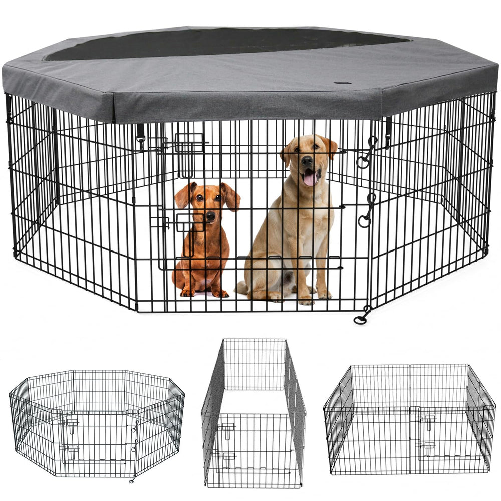 PETIME foldable dog pen with top cover for shaded outdoor use.