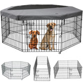 PETIME foldable dog pen with top cover for shaded outdoor use.