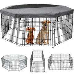 PETIME foldable dog pen with top cover for shaded outdoor use.