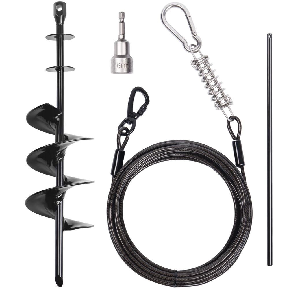 PETINBOX heavy-duty 30ft dog tie-out cable with stake for secure outdoor confinement.