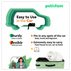 petisfam lightweight litter box in car seat to reduce luggage bulk.