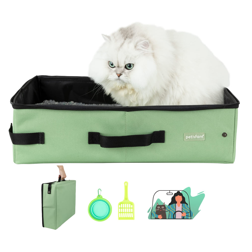 petisfam travel-litter-box folded for compact packing and mess-free trips.