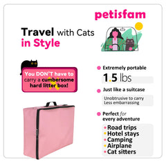 Petisfam pink folded litter box demonstrates compact storage for trips.