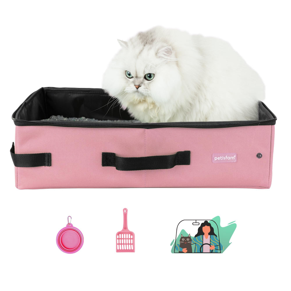 Petisfam pink open portable litter box showing lightweight travel-friendly design.
