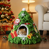 PETKARAY Christmas tree cat cave front view, plush interior for warm winter hideaway.