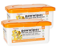 Petkin Paw Wipes Plus tub front showing 2 pack for easy paw cleaning on the go