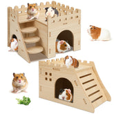 PETKNOWS two-pack hamster houses wooden with hideouts offer cozy retreats.
