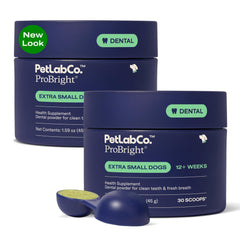 PetLab Co ProBright dental powder bottle for at-home dog oral care.